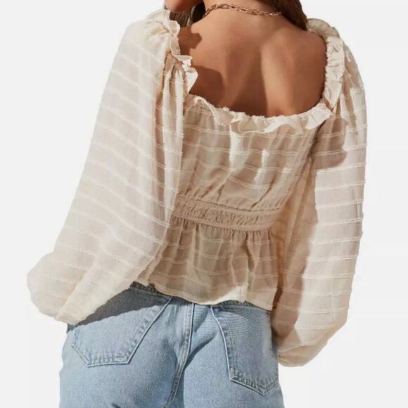 NEW ASTR The Label Cream Sweetheart Long Sleeve Ruffle Blouse M Shimmer Romantic - Picture 1 of 10